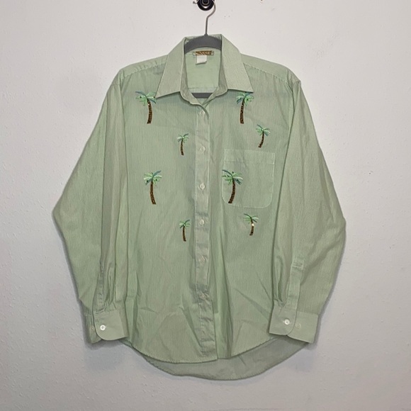 Tia Designs Women's Green & White Striped Button Down Shirt Palm Trees sz Large - Picture 2 of 7